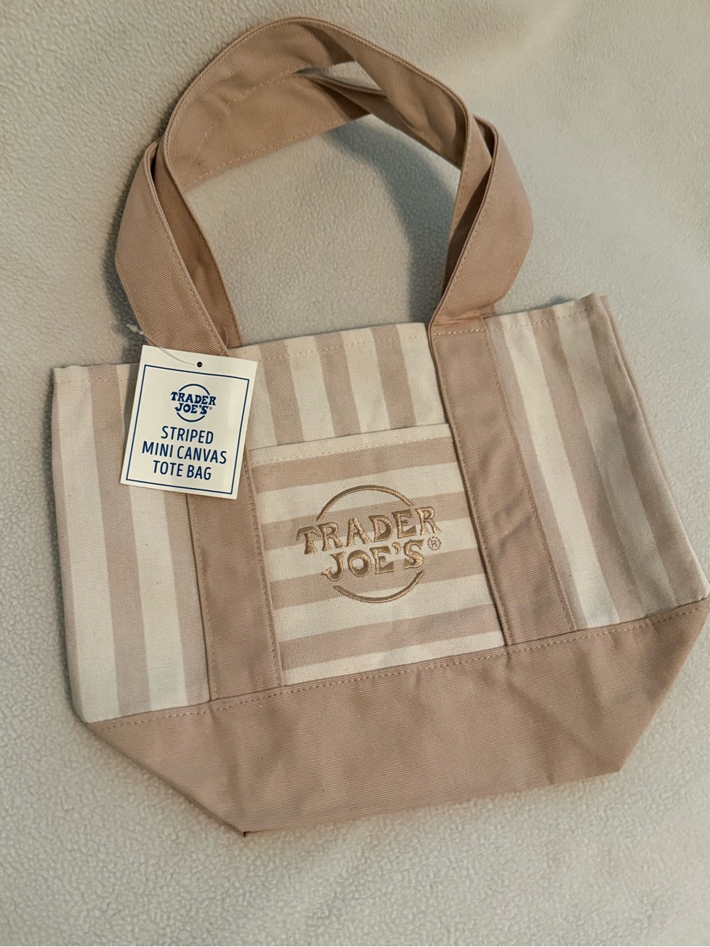 Trader Joe’s - 2026 Mini Canvas Tote Bag- Tan Stripe . 13”x 10”x6” NWT